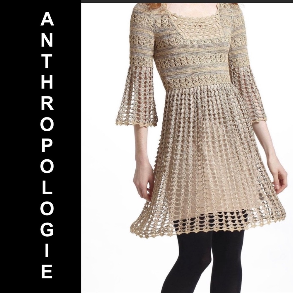 Anthropologie Gold Shimmer Crochet Dress
